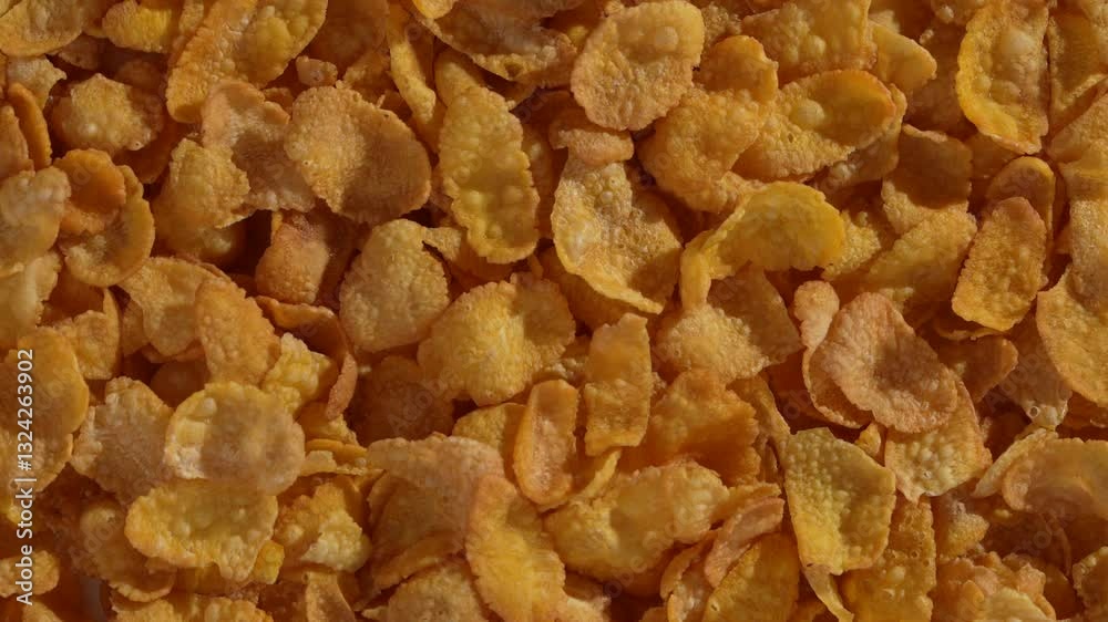 Closeup top view of a spinning pile of Corn Flakes with clear dry textures Closeup top view of a spinning pile of Corn Flakes with clear dry textures