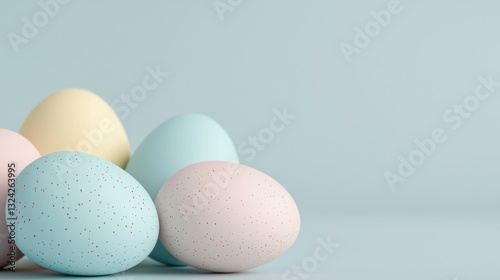 Pastel colored speckled Easter eggs sitting together, springtime holiday, light blue backdrop, with yellow, pink, and spotted blues hues. Copy space
