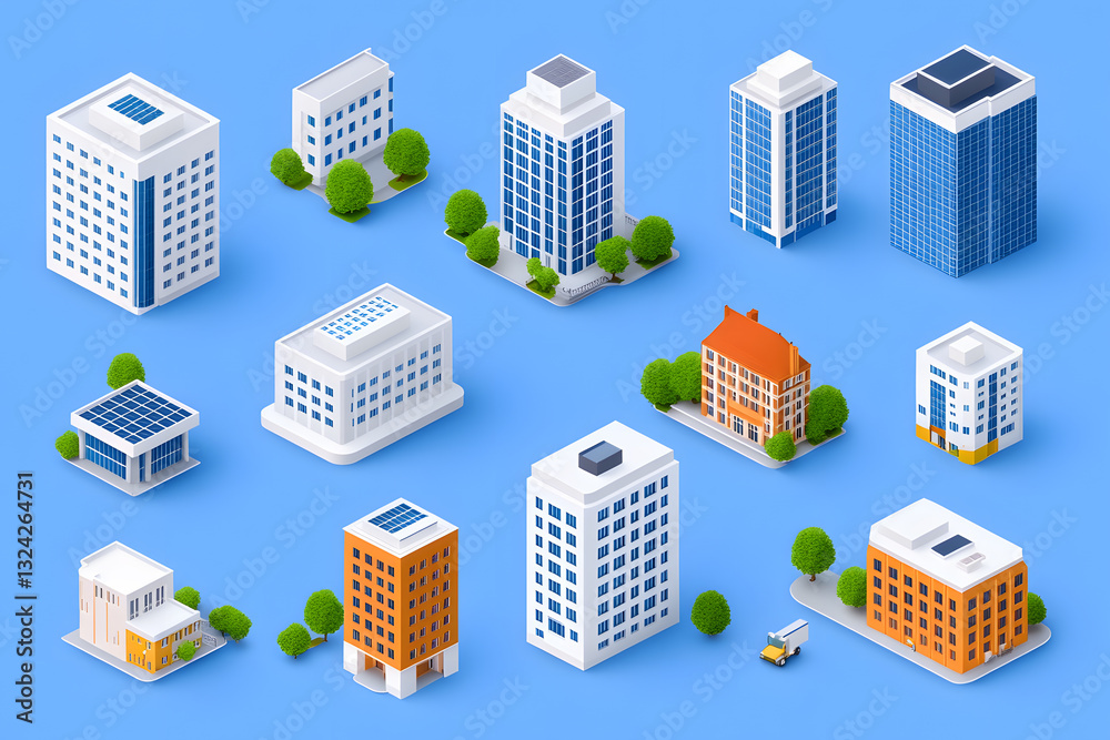 A detailed isometric set of modern city buildings, skyscrapers, isolated on white background A detailed isometric set of modern city buildings, skyscrapers, isolated on white background