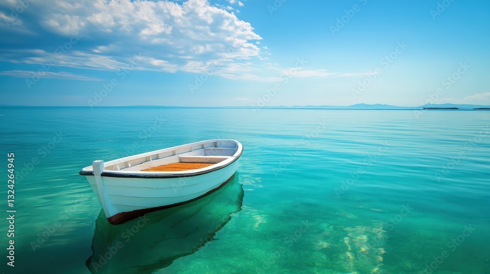Serene seascape with a small white boat gently floating on calm turquoise water under a bright blue sky with fluffy clouds. Serene seascape with a small white boat gently floating on calm turquoise water under a bright blue sky with fluffy clouds.