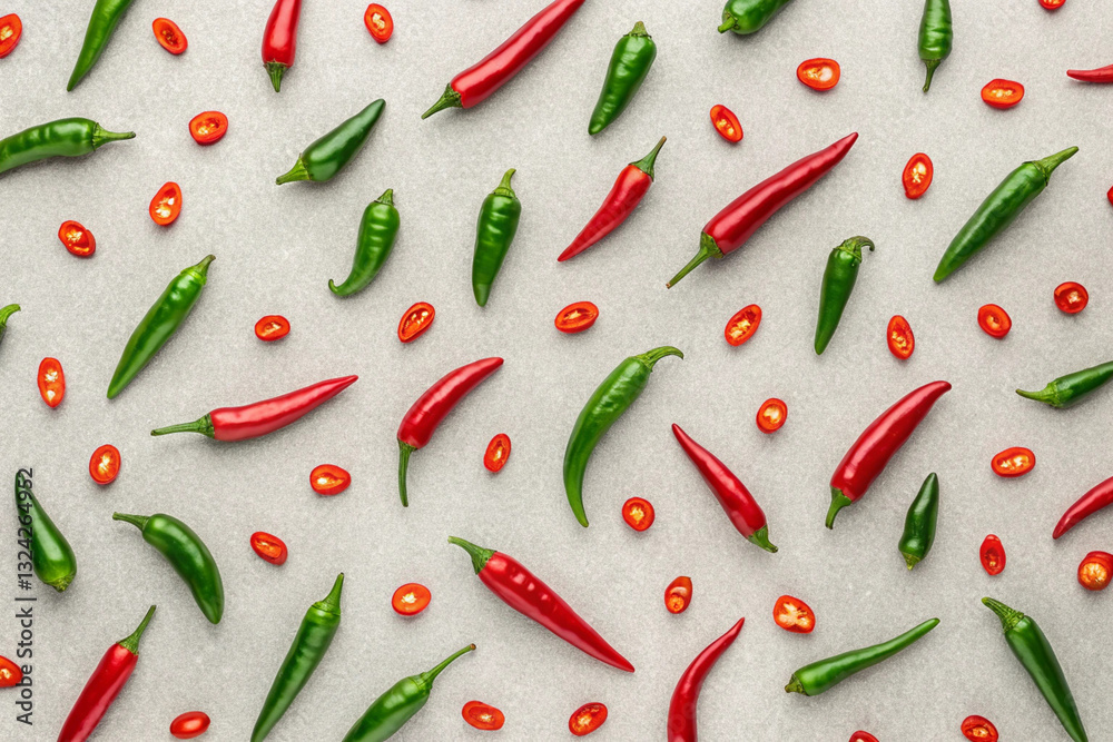 Freshly chopped red and green chilies Colorful arrangement of red and green chili peppers on a neutral background. Freshly chopped red and green chilies Colorful arrangement of red and green chili peppers on a neutral background.