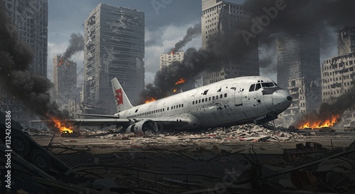 Airplane Crash Site Amidst War-Torn City Ruins with Smoke and Fire