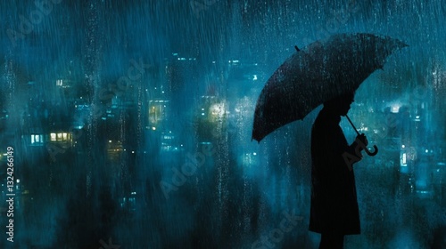 Through a rain-soaked window, the silhouette of a person clutching an umbrella in a rainy urban landscape embodies the concepts of solitude, city living, and introspection on a wet day