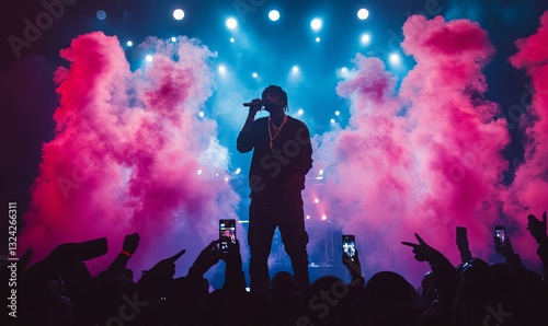 singer performing on stage with pink and blue smoke.