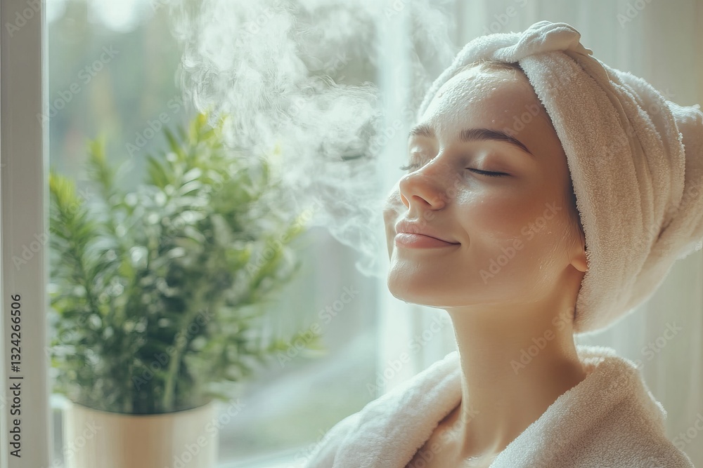 Woman enjoying a facial steam, relaxing at home with a soft towel wrap, fresh and clean skin, natural lighting from a window, calm and rejuvenating atmosphere Woman enjoying a facial steam, relaxing at home with a soft towel wrap, fresh and clean skin, natural lighting from a window, calm and rejuvenating atmosphere