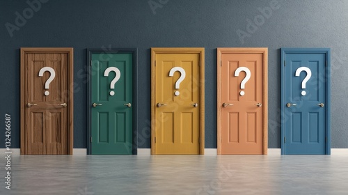 A row of colorful doors adorned with question marks symbolizing choices and opportunities in career pathways and decisions