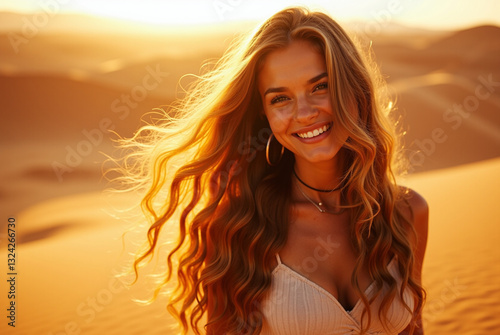 Portrait of a young woman with long red hair, standing in a field at sunset.