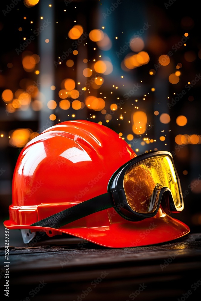 Fototapeta premium A vibrant red hard hat and protective goggles are set against a sparkling backdrop of sparks, symbolizing safety in industrial environments.