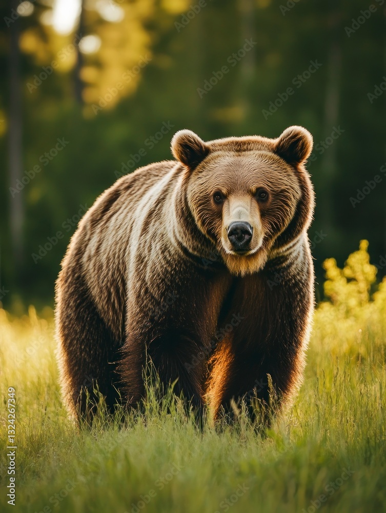 Fototapeta premium Majestic Brown Bear Standing in Grassy Field at Forest Edge