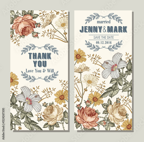 Wedding marriage thanks invitation. Beautiful blooming flowers. Vintage greeting card Frame Drawing engraving hibiscus Chamomile Rose isolated floral. Wallpaper background. Vector baroque Illustration