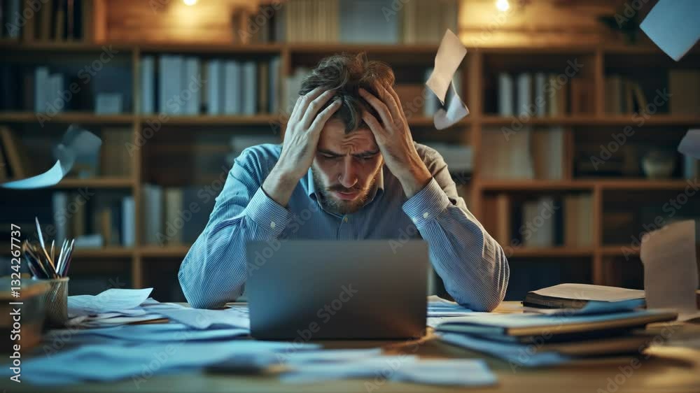 Overwhelmed office worker at cluttered desk, burdened by paperwork and modern work pressures