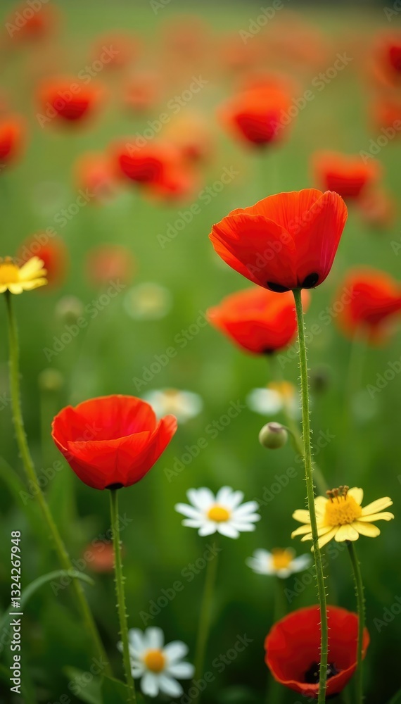 Red poppy field with a few yellow daisies and white buttercups, garden, meadow Red poppy field with a few yellow daisies and white buttercups, garden, meadow