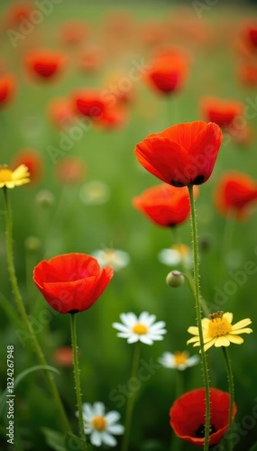 Red poppy field with a few yellow daisies and white buttercups, garden, meadow
