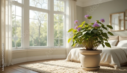 Beautiful Purple Flowering Plant in Beige Pot Sunny Bedroom Decor Home Interior