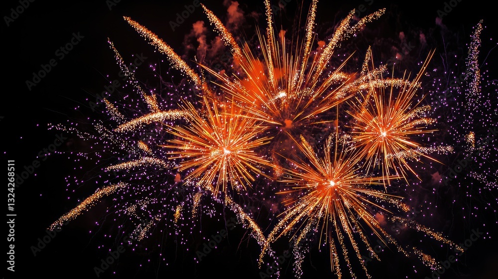 Fireworks exploding in night sky: festive celebration with orange and purple colors Fireworks exploding in night sky: festive celebration with orange and purple colors