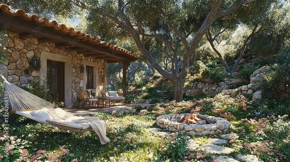 Obraz premium Stone Cottage Hammock Garden Fire Pit Sunny Hillside