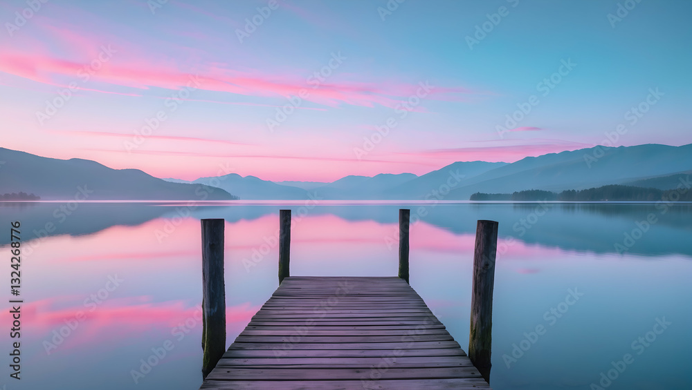 Obraz premium Serene Dawn Paints The Tranquil Lake With Soft Pastel Hues Reflecting On The Still Water, A Lone Wooden Dock Waits Patiently At The Waters Edge