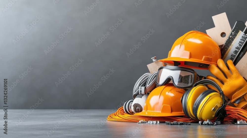 Fototapeta premium Construction worker wearing protective hardhat and equipment on an industrial building site working on a construction project or maintenance task