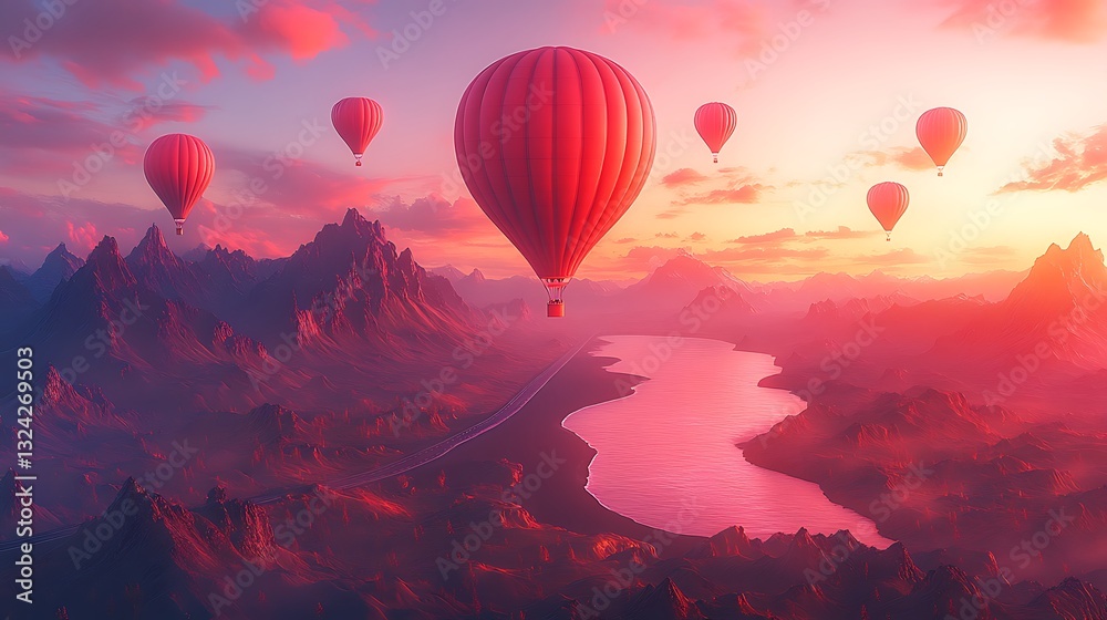 Fototapeta premium Red hot air balloons sunset mountainscape