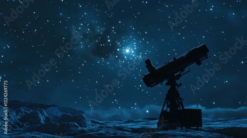 Telescope silhouetted against a starry night sky.