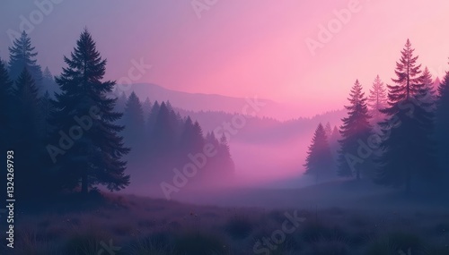 Soft pink mist surrounds a serene forest landscape at dusk, forest scenery, soft focus