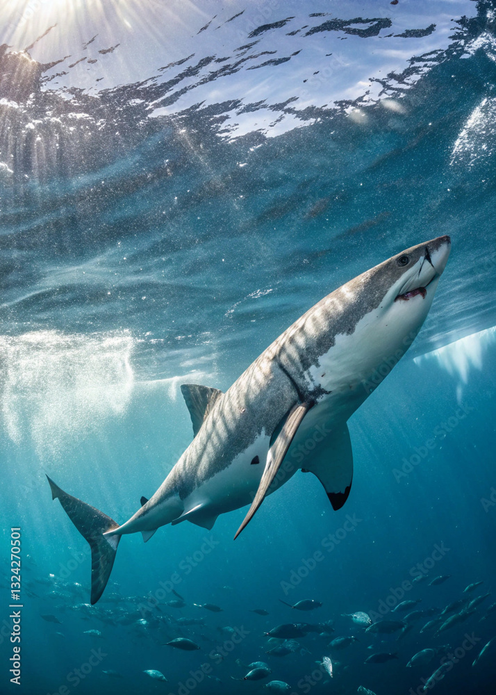 Fototapeta premium Apex Predator: A majestic Great White Shark glides gracefully through the crystalline ocean depths, its powerful form illuminated by the sunlit surface above, a captivating display of marine life.