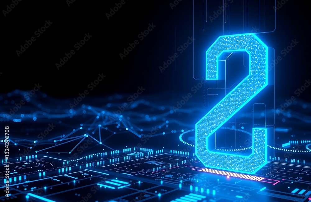 Obraz premium glowing blue numerical sequence in dark tech landscape, number 2