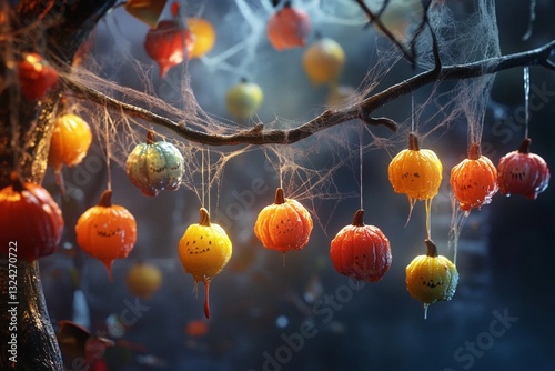 Glowing Dripping Pumpkins Hanging in a Webbed Halloween Scene