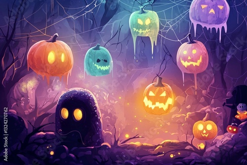 Eerie Floating Jack-o'-Lanterns in a Haunted Halloween Forest