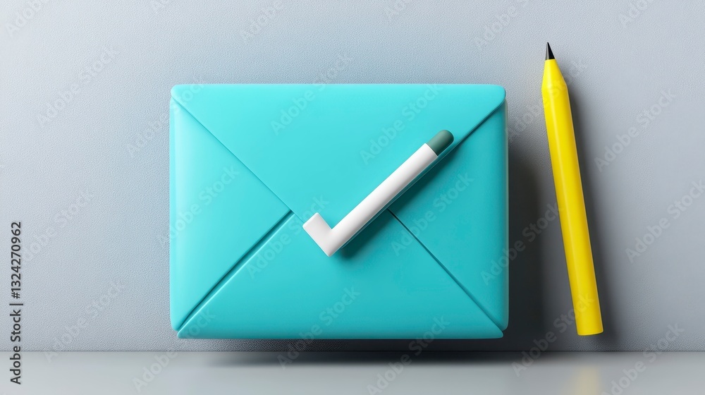 Blue Envelope with Green Check Mark Next to Yellow Pen on Table Blue Envelope with Green Check Mark Next to Yellow Pen on Table
