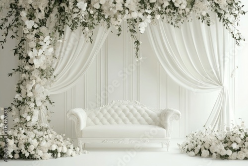 Elegant white sofa with floral drapes in bridal setting. Neural network AI generated photo