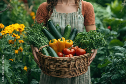 Woman holding a basket of vegetables in a vibrant farmers market.