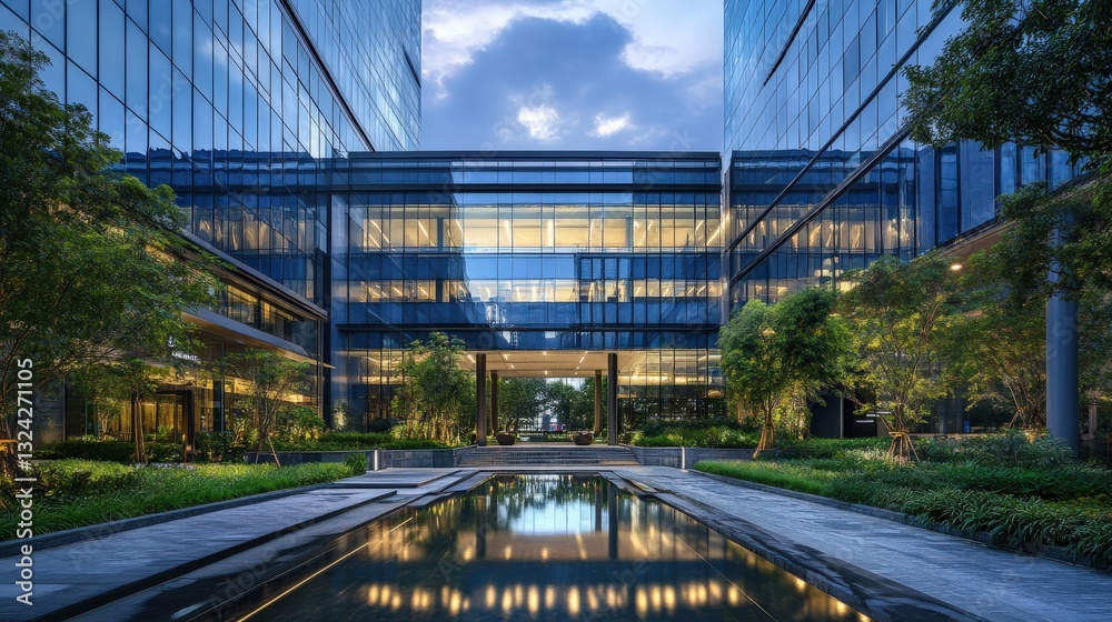 Fototapeta premium Modern office buildings reflecting in tranquil pond at dusk