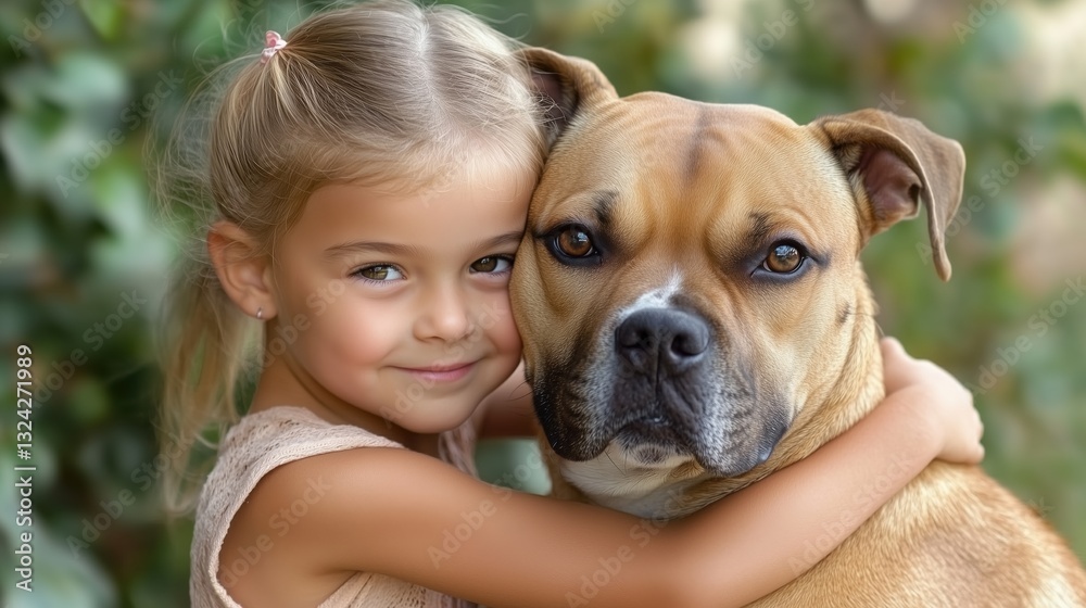 Girl hugs dog in sunny garden showcasing friendship, joy, love, and innocence during summer afternoon picnic Girl hugs dog in sunny garden showcasing friendship, joy, love, and innocence during summer afternoon picnic
