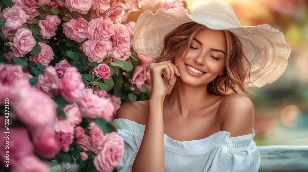 Beautiful young woman enjoying roses in a garden during golden hour, wearing a straw hat and smiling joyfully Beautiful young woman enjoying roses in a garden during golden hour, wearing a straw hat and smiling joyfully