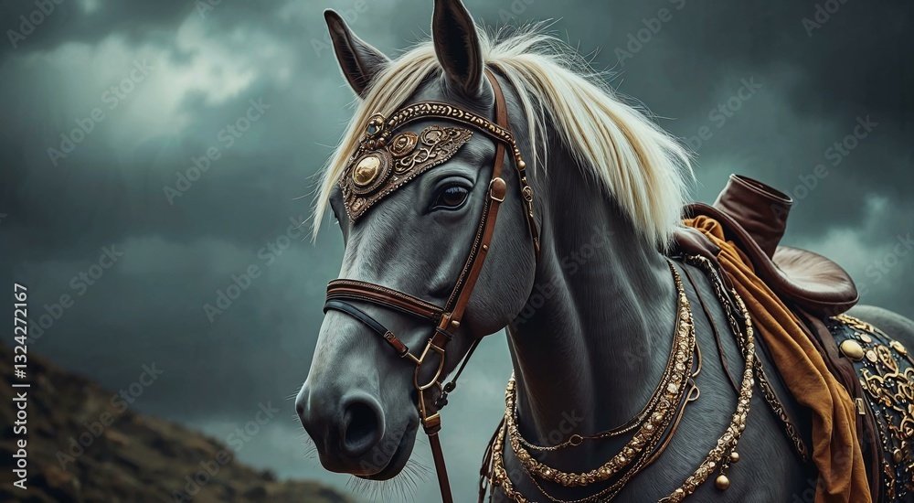 Obraz premium Artistic depiction of a majestic horse with intricate accessories in a dramatic setting