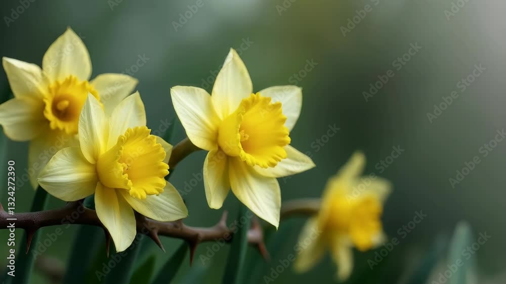 Beautiful yellow daffodils blooming on a green stem with thorns.