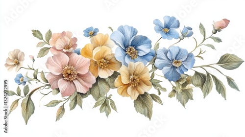 Elegant Floral Arrangement with Soft Pastel Blooms and Green Leaves