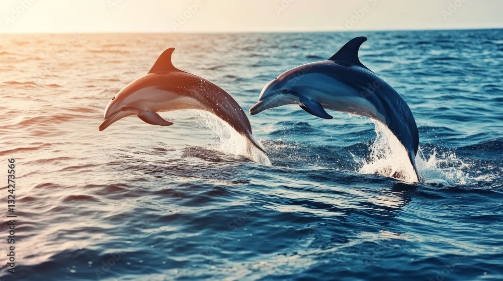 Obraz premium Under the serene backdrop of a sunset, two dolphins leap from the ocean's waves with effortless grace, representing the harmony and freedom that exists in marine wildlife