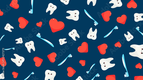 Cute happy teeth and heart pattern vector illustration for a dental healthcare