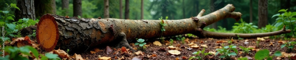 Obraz premium Uprooted Mountain Ash tree trunk lying on the ground, snapped trunks, fallen branches