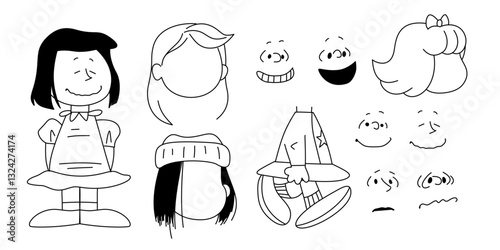 set of hand drawn girl vector illustrations with any expressions