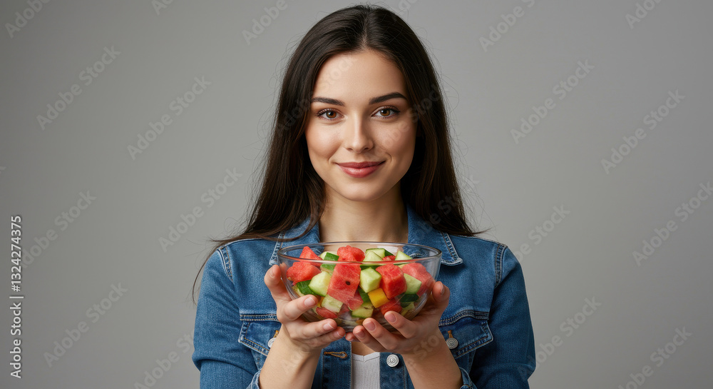 Healthy & Happy: Woman Smiling with Watermelon Salad. Fresh, Delicious & Nutritious Recipe! Healthy & Happy: Woman Smiling with Watermelon Salad. Fresh, Delicious & Nutritious Recipe!