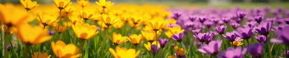 Fototapeta premium Yellow petals dance with purple companions in an idyllic flower field, field of flowers, colorful blooms, yellow and purple flowers