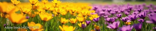 Yellow petals dance with purple companions in an idyllic flower field, field of flowers, colorful blooms, yellow and purple flowers