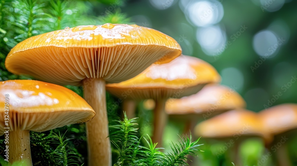 Fototapeta premium Golden mushrooms nestled amid vibrant green moss, forest floor focus