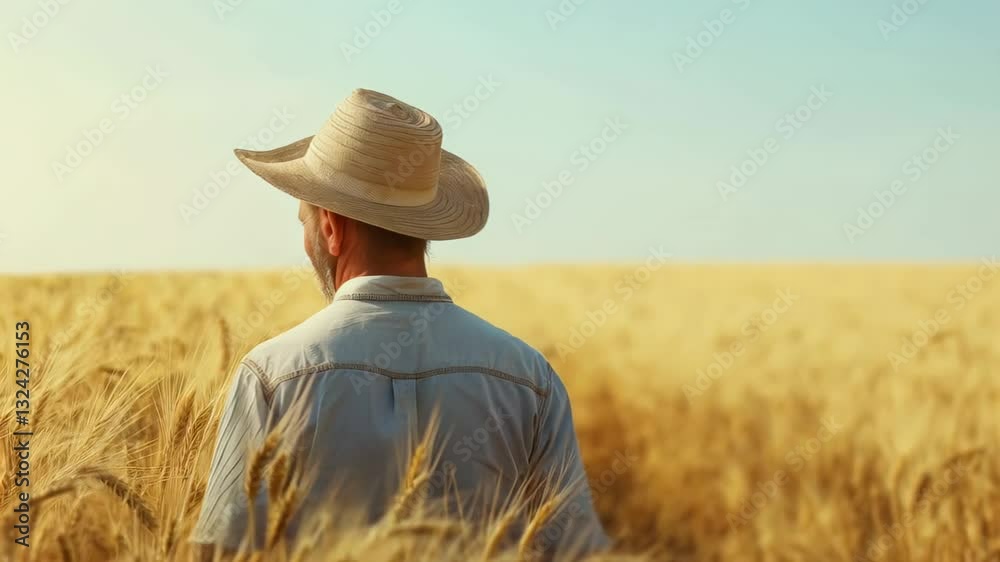 Rear view of mature farmer with straw hat walking through ripe wheat field on sunny summer day Rear view of mature farmer with straw hat walking through ripe wheat field on sunny summer day