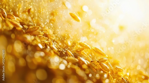 Golden seeds cascade in shimmering light, creating a warm, textured visual
