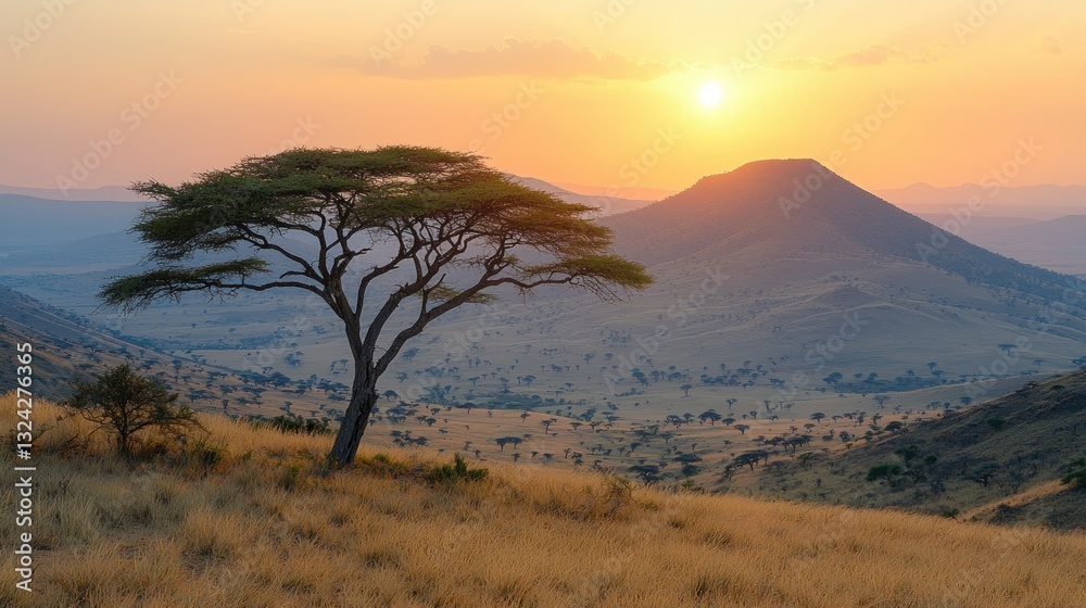 Naklejka premium African savanna sunset landscape with acacia tree