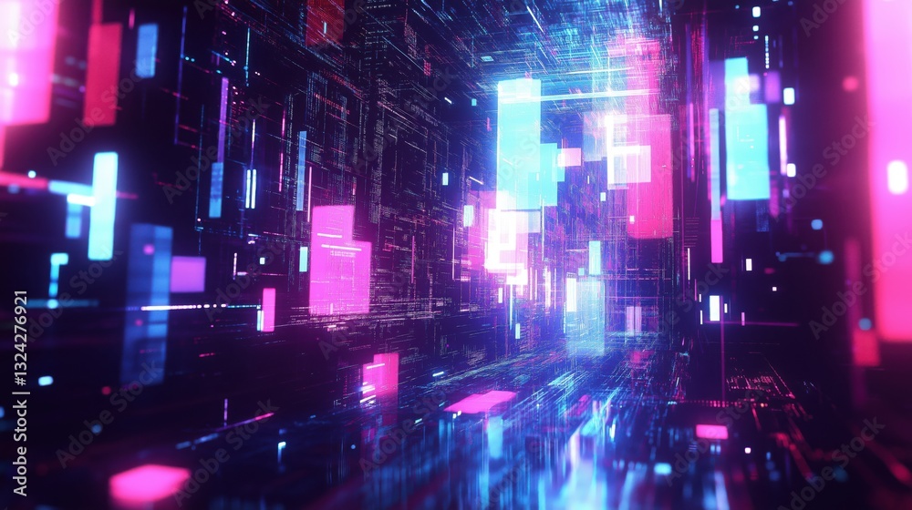 Obraz premium Futuristic cyberpunk digital corridor with neon glitch effects and data flow